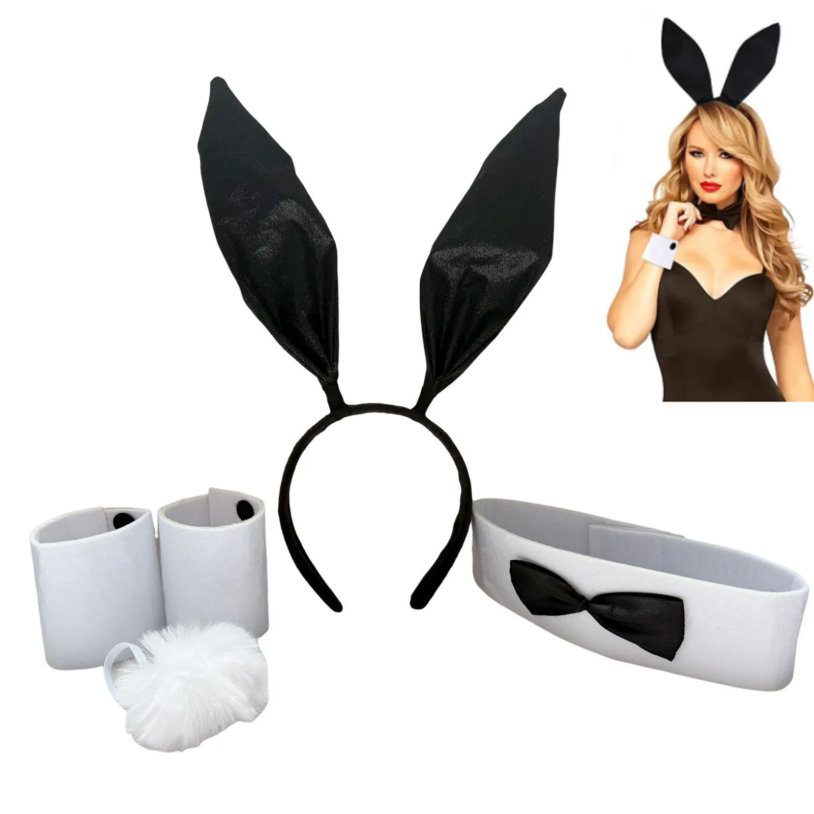 

Cute Bunny Girl Costume 5-Piece Set Headband 2 Bracelets Tail and Neck Ring Party Cosplay Props