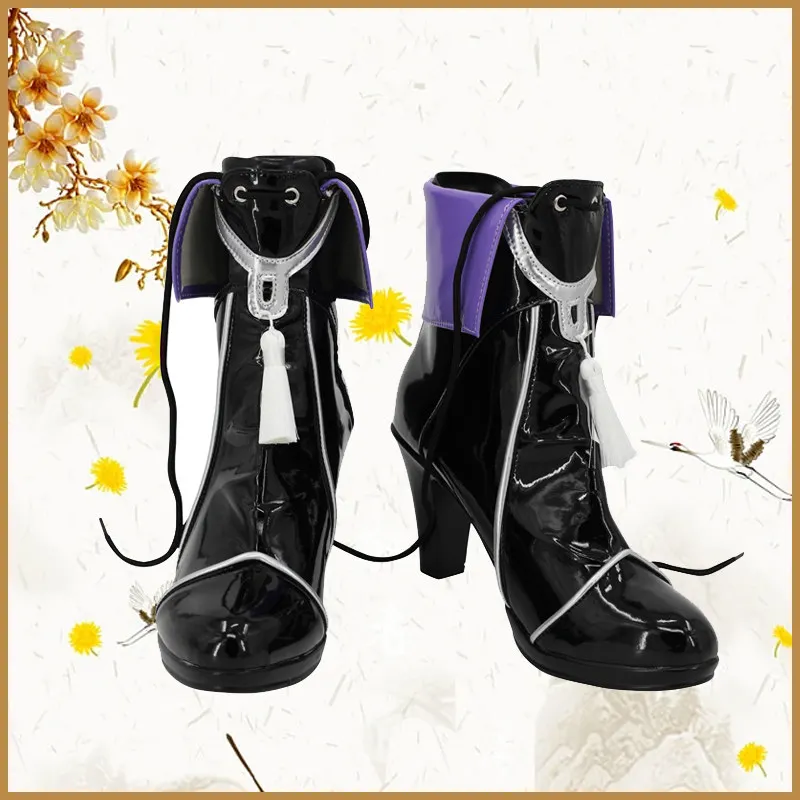 Anime Arknights Lin yuxia Cosplay Shoes Black Purple Short Glossy Surface PU Leather Boots For Halloween Carnival