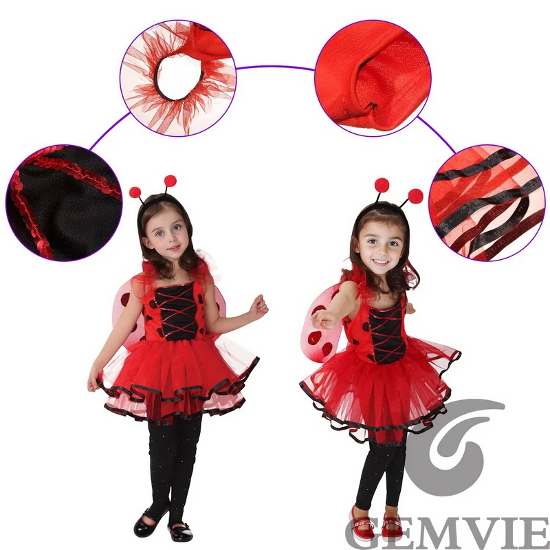 Girls Halloween Cute Ladybug Bee Fairy Elf Cosplay Costume Role Play Masquerade Dress Up with Magic Wand Headband ﻿