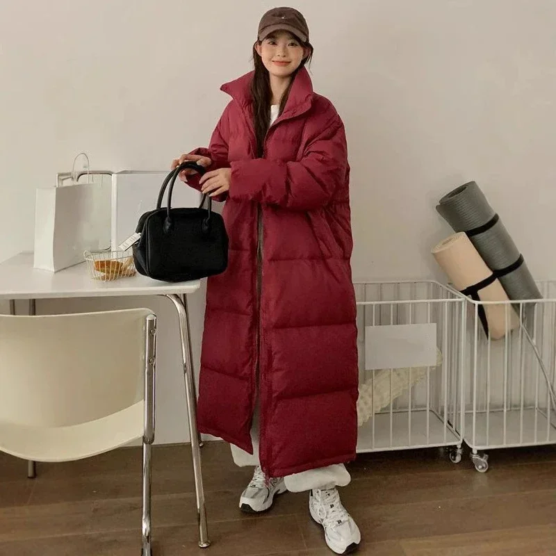 

Korean Stand Collar Winter Long Parkas Women Solid Zipper Up Warm Down Cotton Jacket Woman Long Sleeve Windproof Thicken Coats