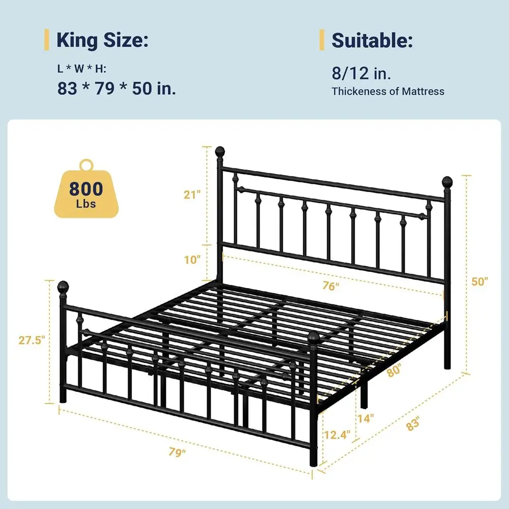 14 Inch King Metal Bed Frame with Victorian Style Headboard and Footboard, Mattress Foundation, Storage Space, No Box Spring Nee