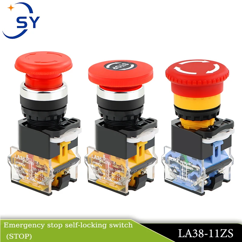 LA38-11ZS Emergency Power Stop Button Switch Red Mushroom Type Self-Locking Start Switch Copper Silver Contact Point 22mm