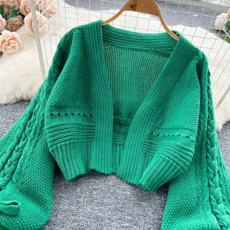 Green Casual Acrylic Knit V-Neck Lantern Long Sleeve Lace Up Women\'s Cardigan Sweater Short Cardigan For Women Clothing 2024