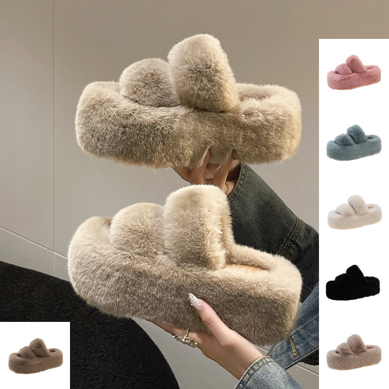 Women Fluffy Slippers Hairy Winter Furry Slipper Platform House Comfortable Shoes Round Toe Walk Around Home Casual Pink Bedroom