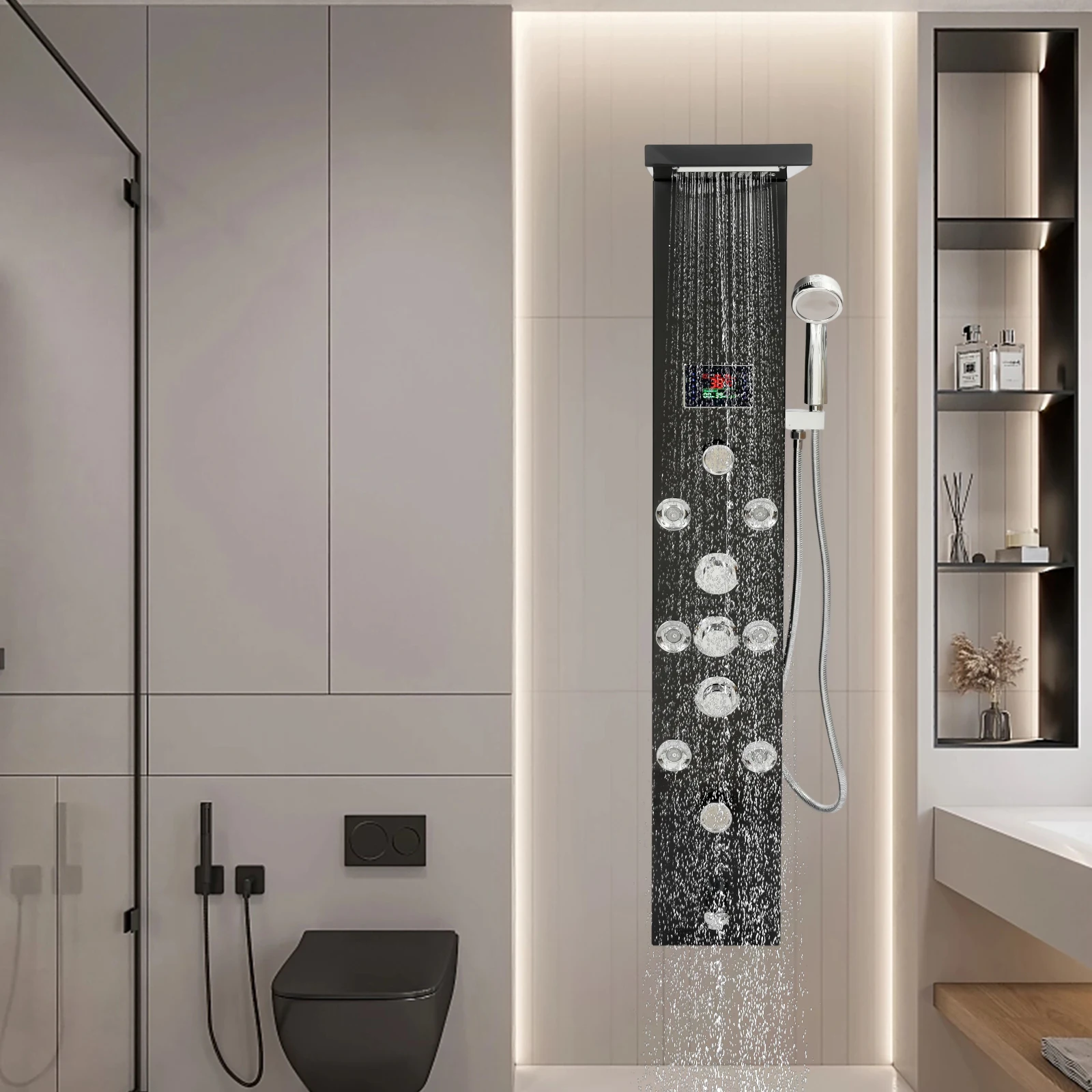 LED Shower Panel Tower System, Hydroelectricity Display Rain Massage Full Body Shower System with Jets, Bathroom 6-Function Shower Tower with LED Rainfall Waterfall Shower Head, Black