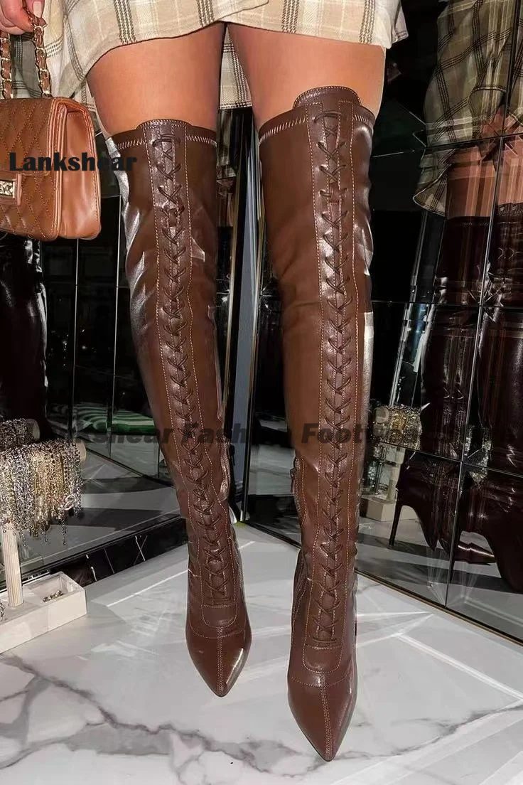 Botas elásticas com amarração cruzada marrom escuro, mulheres, bico fino, salto fino, zíper lateral, sólida, picante, festa, estilo rua, acima do joelho