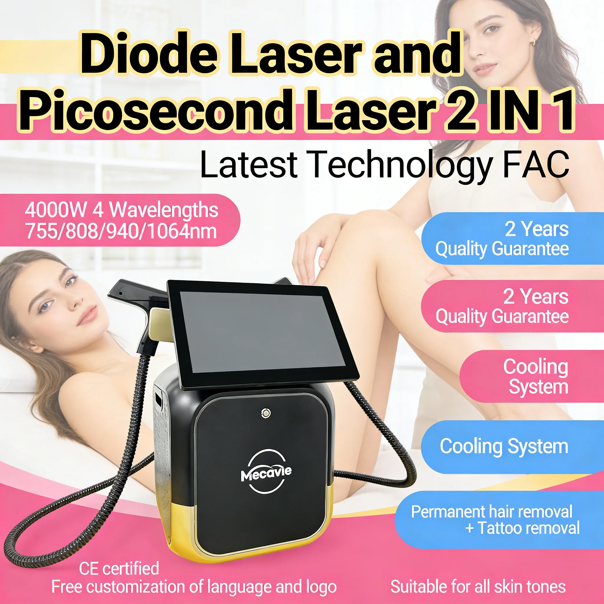 2-in-1 Diode + Pico Laser Beauty Machine, Permanent Hair Removal, Tattoo/Freckle Removal, Ice Painless,  CE Certified, Full Body Use，Pico Laser Skin Rejuvenation Treatment Red Blood Streaks Removal Removal，Applicable To Beauty Salons And Salon