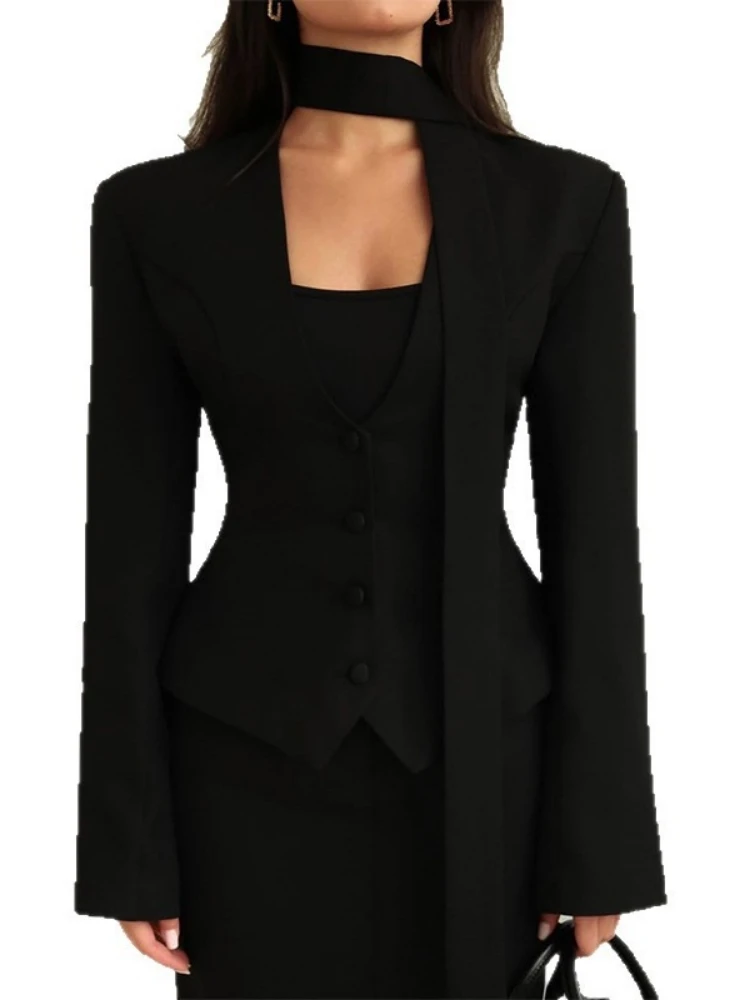 الملابس النسائية الأوروبية الأمريكية موضة جديدة بلون وشاح على شكل حرف V الديكور بأكمام طويلة عادية بدلة صغيرة سترة علوية #4