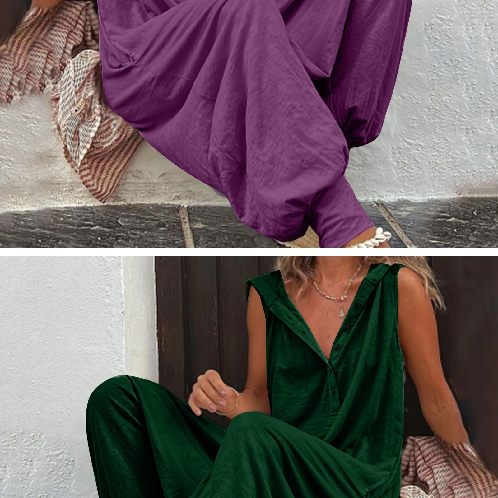 

2025 Spring Autumn Casual Women's Fashion Cotton Overalls Bohemian Stripe Overalls Jumpsuit V Neck Buttons Loose Hooded