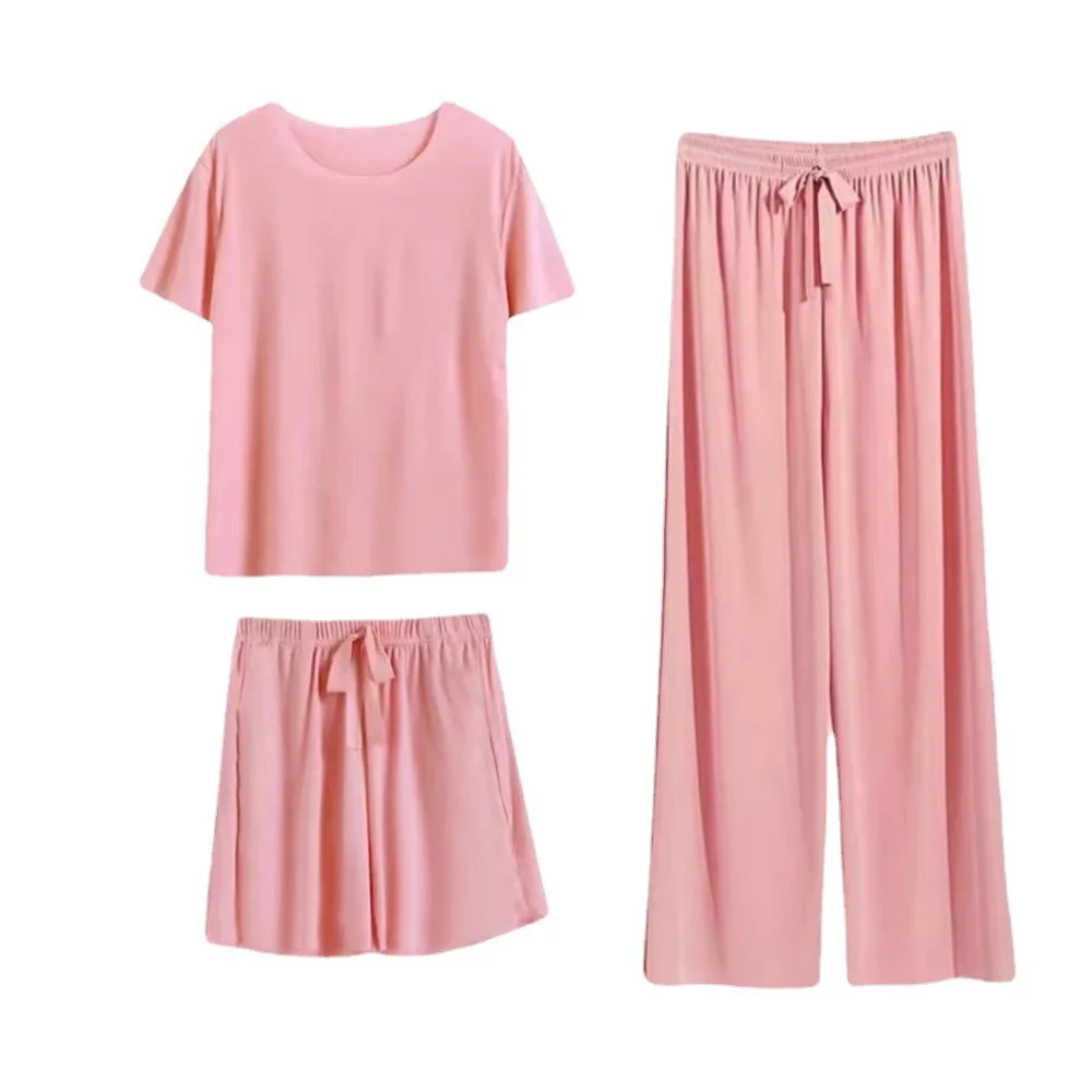 Summer Ladies Ice Silk Pajamas Three-Piece Set of Female Spring and Summer New Loose Set of Female Casual Short-Sleeved Homewear