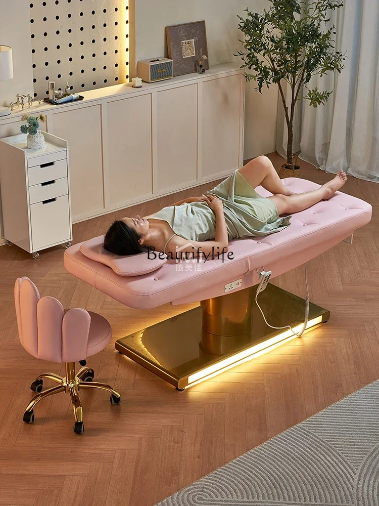 Cama eléctrica de belleza para masaje, cama de lavado de pestañas, Base dorada