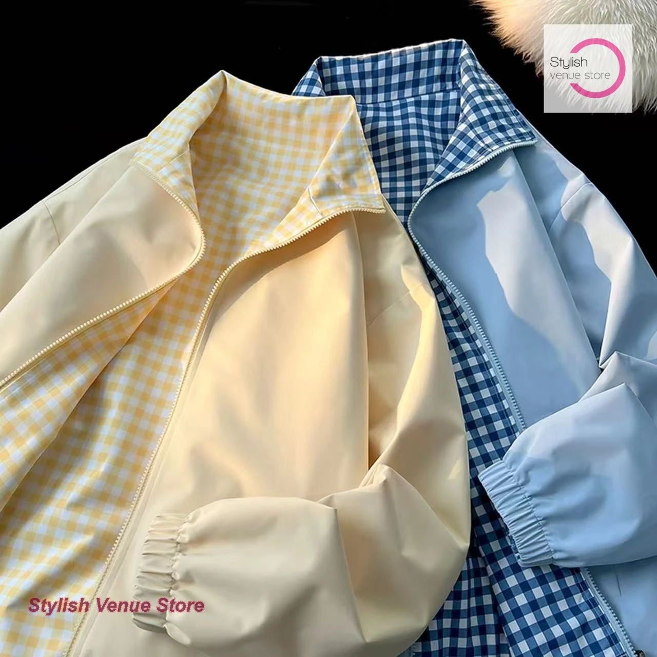 American style fashion retro two-sided plaid jacket jacket women's spring and autumn new casual lapel wide coat loose Joker.