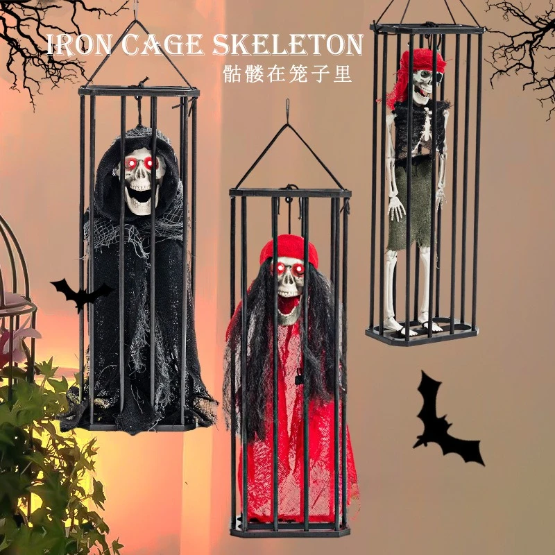 

Halloween Decorations Glowing Chain Ghost Cage Scary Skeleton Hanging Props for Haunted House