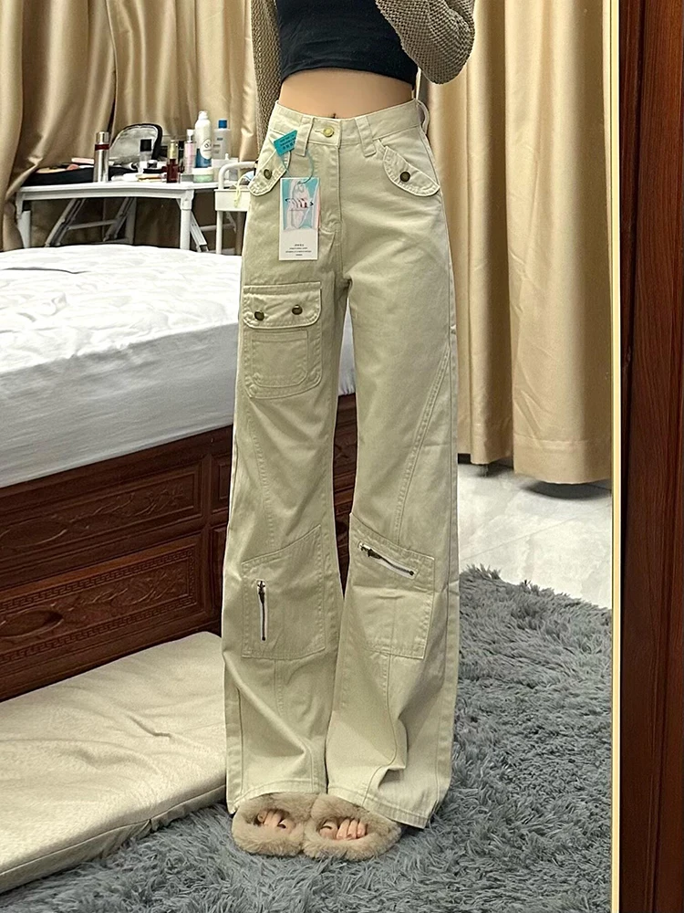 

Цвет хаки, нож, высокая талия, прямые брюки длиной до пола, широкие джинсы, женская весна 202, новая рабочая одежда, джинсовая одежда