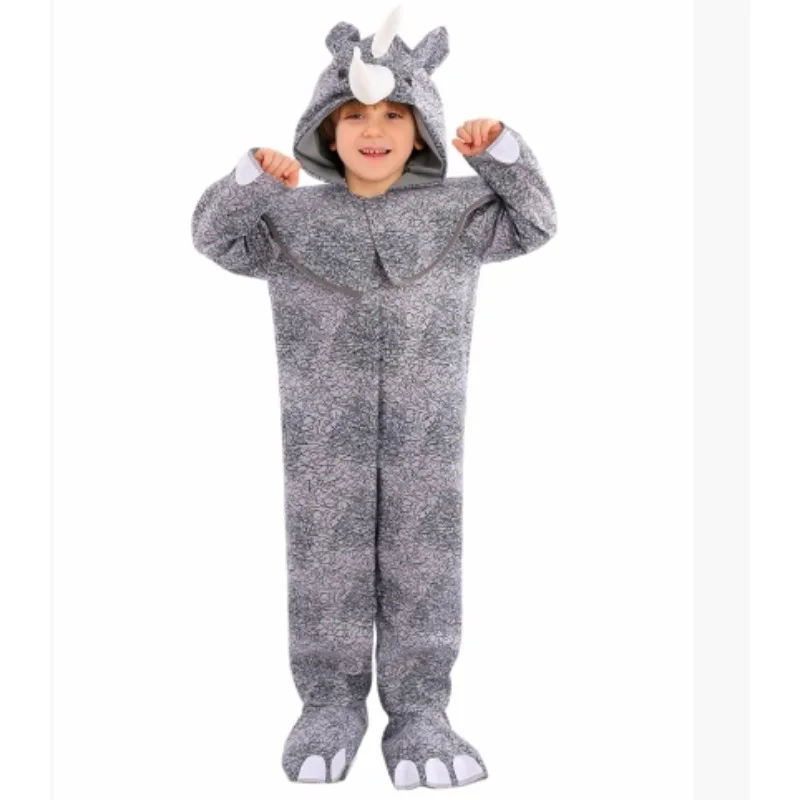 2025 neue Halloween Kinder Cartoon Nashorn Geformt Overall + Nette Kopfbedeckungen Kinder Schule Spielen Bühne Leistung Kostüm A34775