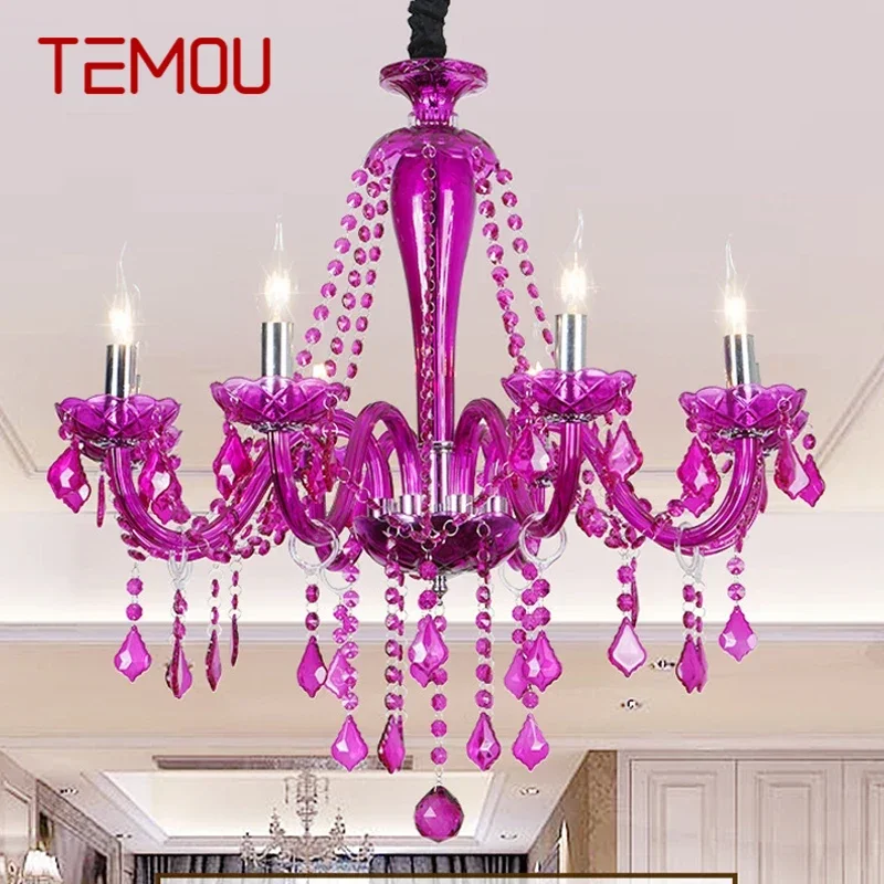 TEMOU-lámpara colgante de cristal de estilo europeo, lámpara de vela púrpura, lujosa sala de estar, restaurante, dormitorio, habitación de niñas, candelabro