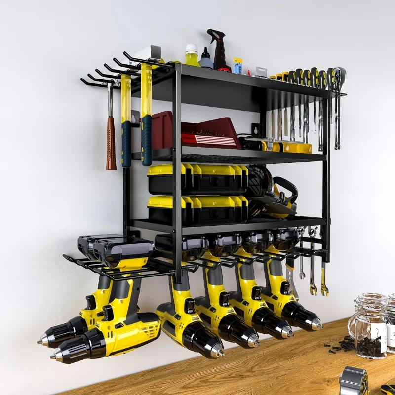 Wall Mount Tool Organizer Heavy Duty 2/4-Tier Garage Storage Rack with 6 Drill Holders & Hooks Space Saving Workshop Shelf
