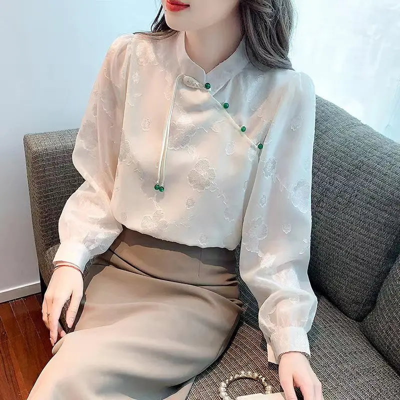 New Women\'s Clothing Spring Autumn Long Sleeve Stand Collar Vintage Classic Folk Chinese Style Solid Color Button Spliced Blouse