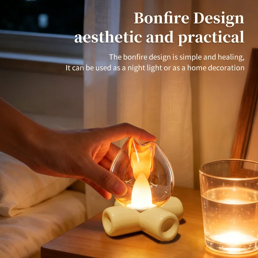 USB Rechargeable Table Lamp Mini Campfire Simulation Flame Night Light LED Candle Lamp Bedroom Decor Atmosphere Lamp Gift
