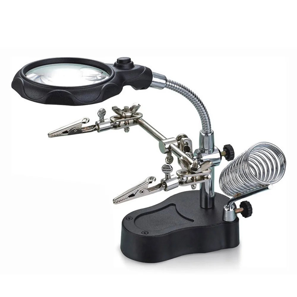 3.5X 12X Helping Hands Third Hand Soldering Iron Welding Stand Station with 2 LED Clip Welding Magnifier Magnifying Glass