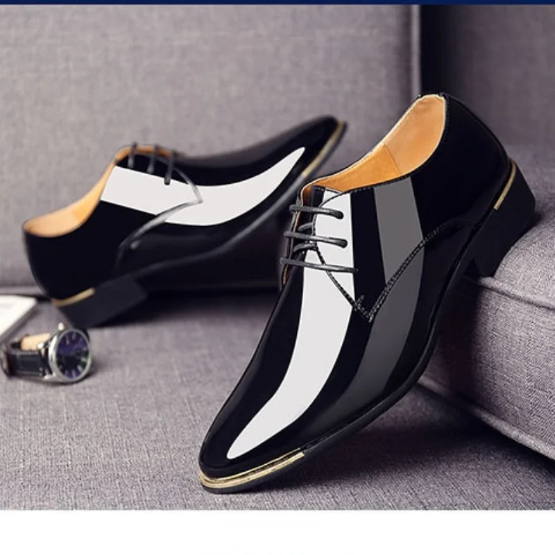 New Black Leather Low Top Soft Men Dress Shoes Solid Color Men Premium Patent Leather Shoes White Wedding Shoes Size 38-48