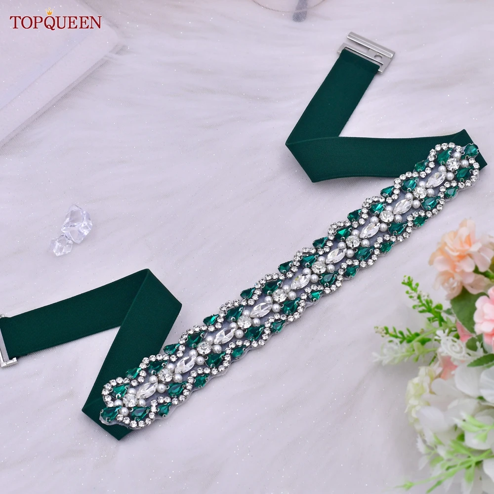 TOPQUEEN S466-D Belts for Women Fashion Waist Elastic Ladies Band Dark Green Rhinestone Decoration Coat Sweater Dress Waistband