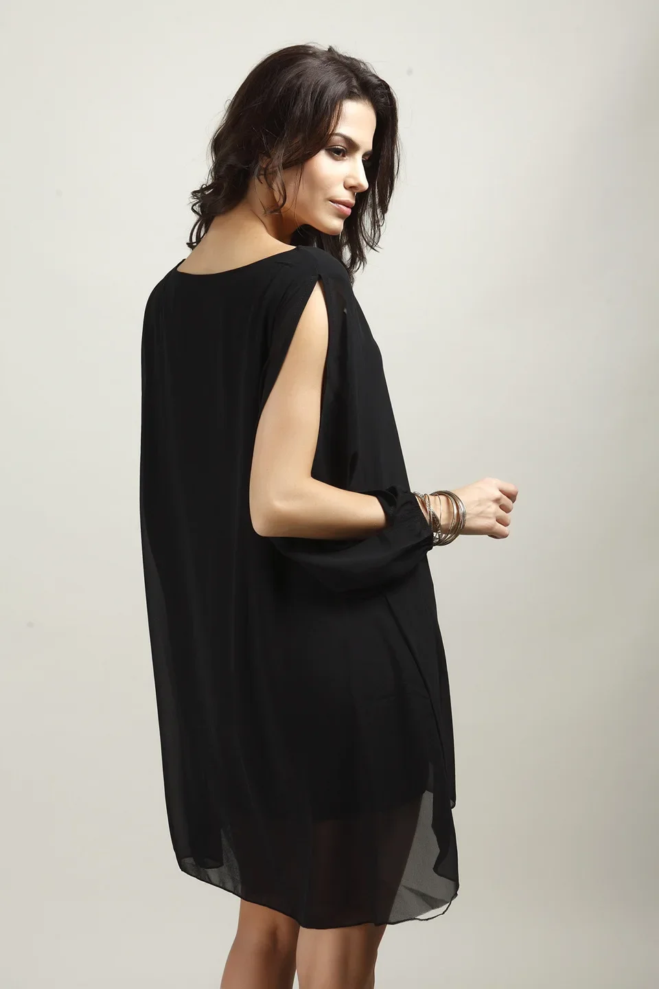 Black White Stylish Exposed Arm Sleeve V-neck Chiffon Loose A-line Dress Women's Fashion Dress