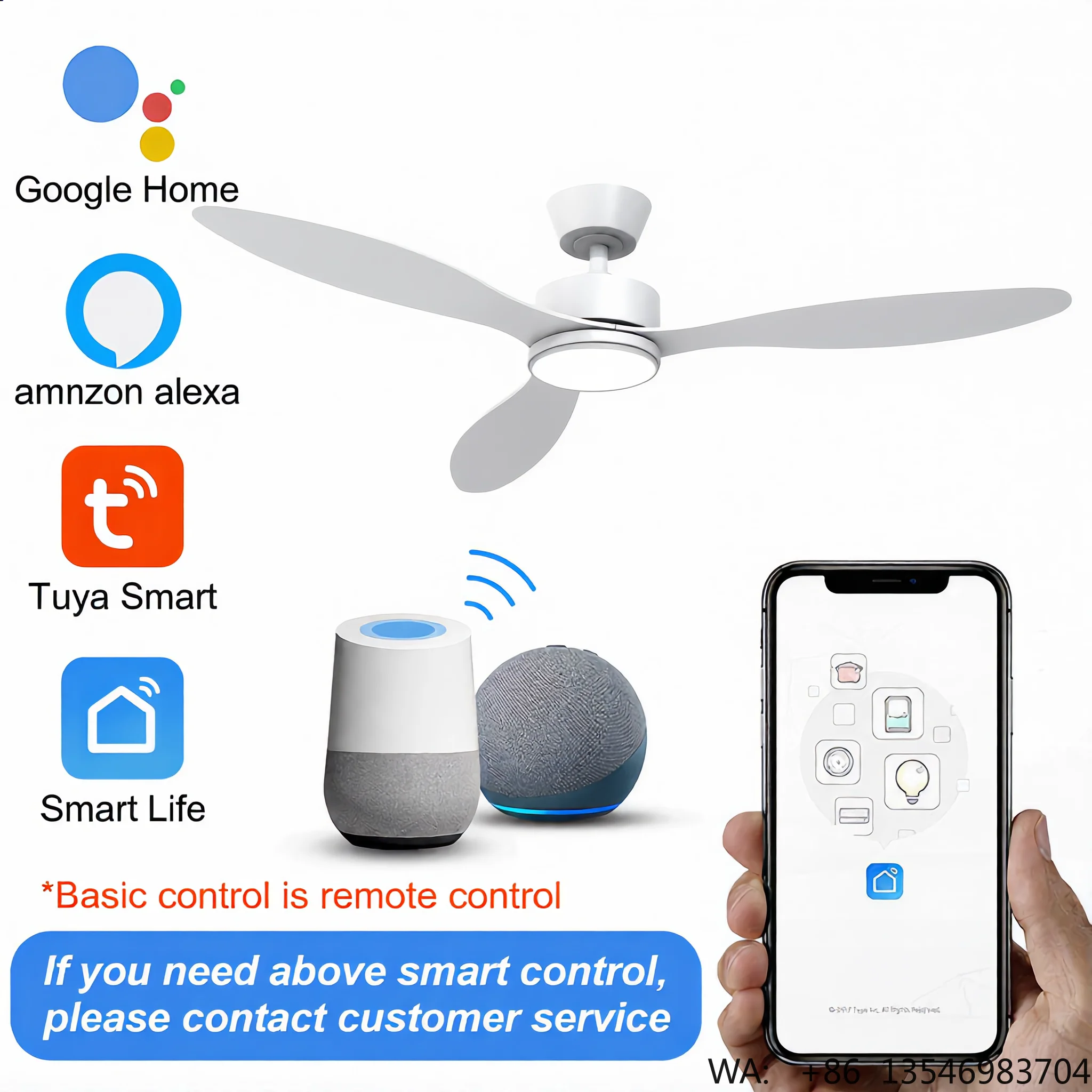 Oriental Design Modern Silent Smart DC Motor Ceiling Fan 3 ABS Blades Tuya 3 Remote Control 6-Speed Dimmable LED Living Room
