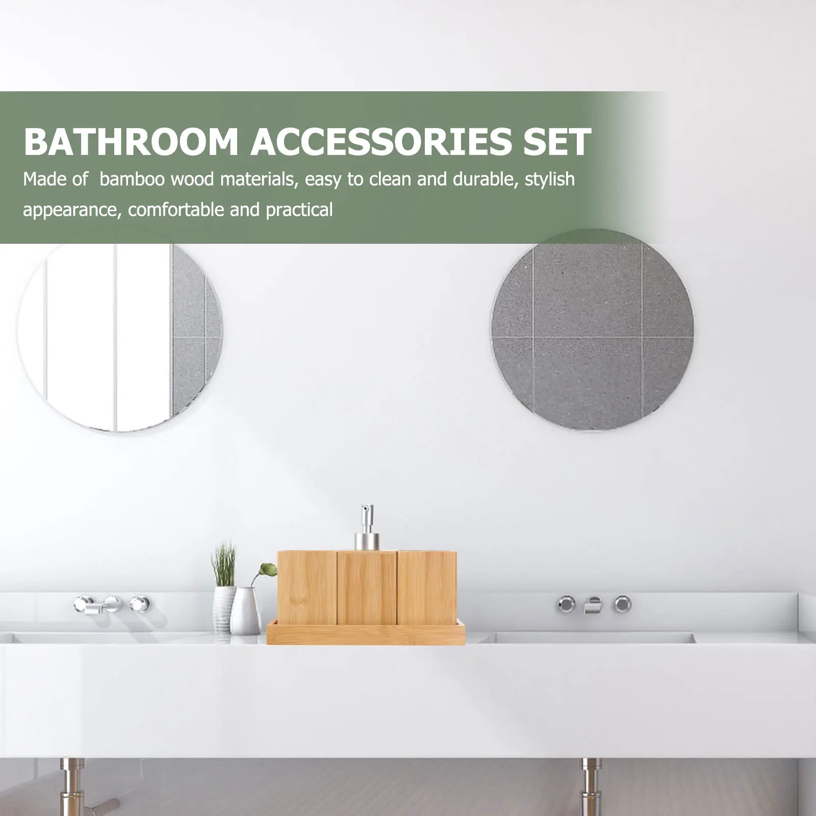 

4Pcs Bamboo Wood Bathroom Set Attractive Accessories Toothbrush Holder Bottle Tidy Organized Essentials