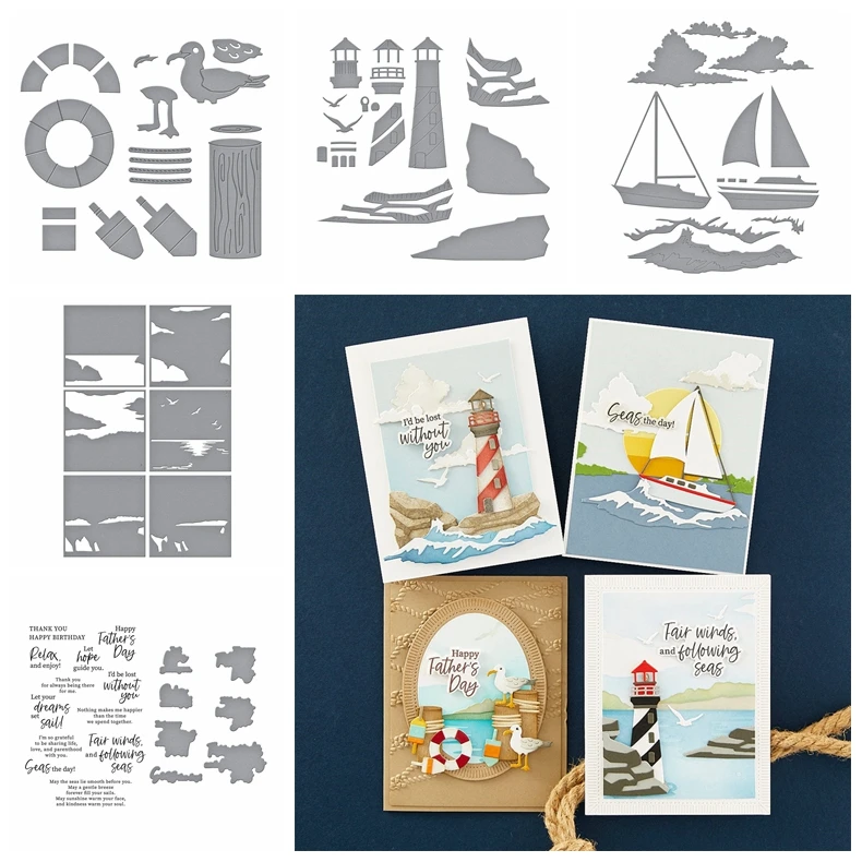 

Sailboat Lighthouse Lifebuoy Metal Cutting Dies Warm Words Clear Stamps Nature View Plastic Stencil for Diy Scrapbooking Cards