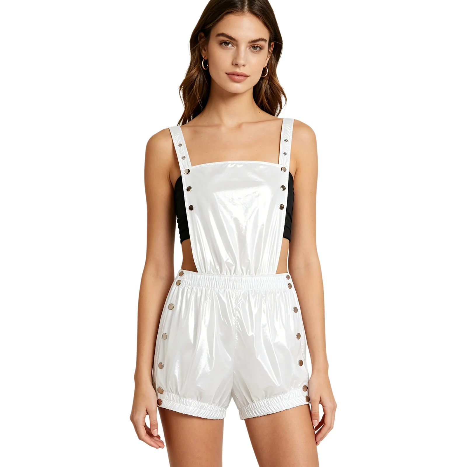 

Womens Glossy Short Jumpsuit Waterproof Tear-away Overalls Rompers Pressing Buttons Ruffled Trims Backless Festival Bodysuit