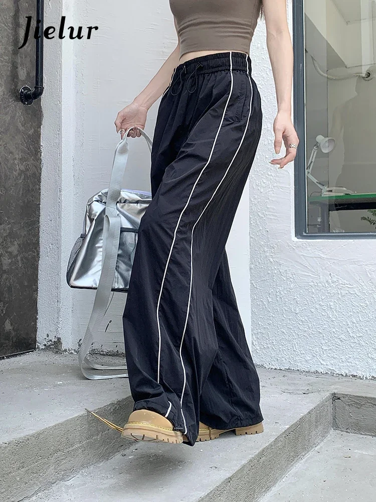 Jielur Women's Spring Side Stripe High Waist Casual Pants Korean Elastic High Waist Loose Women Straight Leg Tie Sports Pants