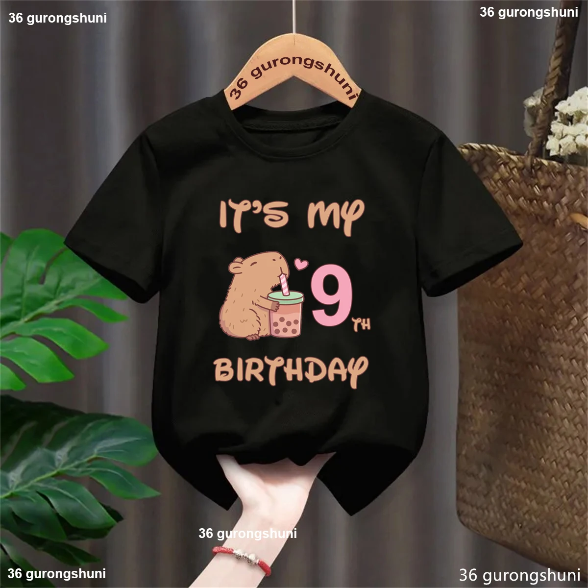 It'S My 9th Birthday Graphic Printed Tshirt For Girls/Boys Custom Name Capybare Love Boba Funny Kids Clothes Solid T-Shirt Tops view 5