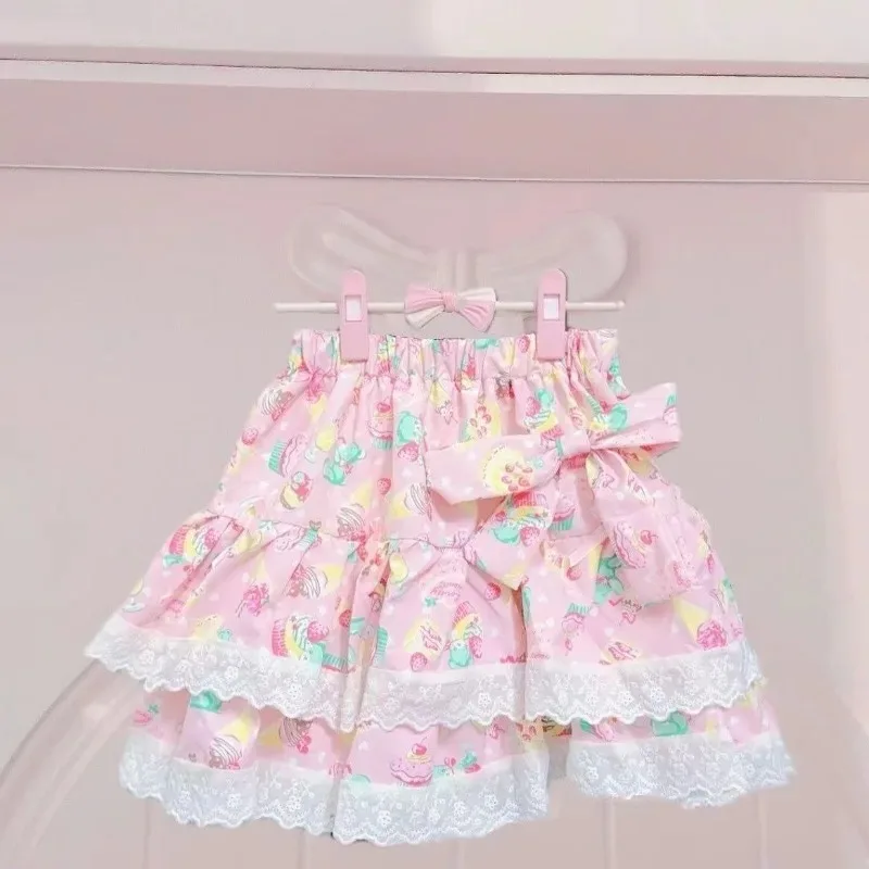 Sweet Kawaii Cake Printed Japanese Skirt For Ladies Lolita Lace Spliced Pleated Mini Skirt Summer Y2k High Waist A-Line Skirt view 3