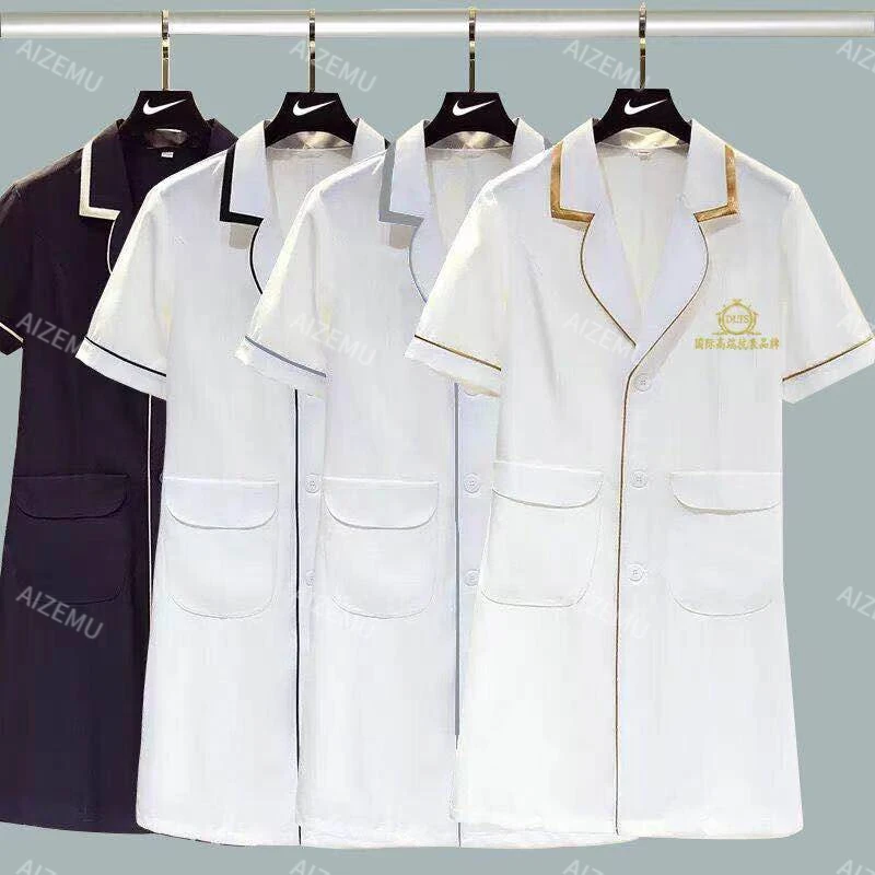 white beauty uniform with beautician dress salon work clothes Spa uniforms scrubs coat Spa pink robe experimental Work Clothes