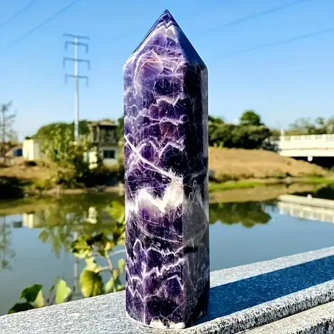 1pc Large Natural Fantasy Amethyst Crystal Tower - 7.08-7.87 Inch Bare Stone Gemstone Carving, Elegant Obelisk Pillar for Home D