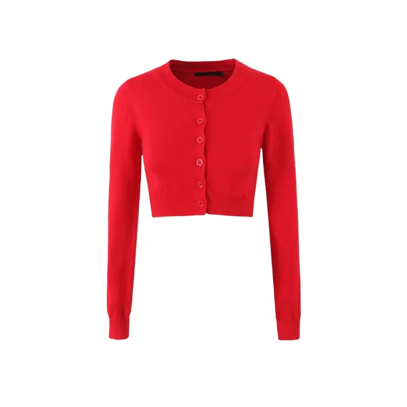 Women Red Black Long Sleeve Buttone Cozy Up Danny Cloud Knit Cropped Cardigan