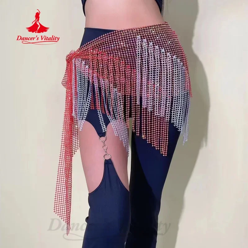 Cinturón de danza del vientre con borlas de malla personalizadas para mujer, bufanda triangular para la cadera, ropa de rendimiento de danza del