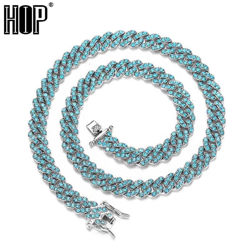 

9MM Rhombus Prong Cuban Link Chain 1Row Iced Out Blue Rhinestones Bling Rapper Necklaces Bracelets For Men Women Choker Jewelry