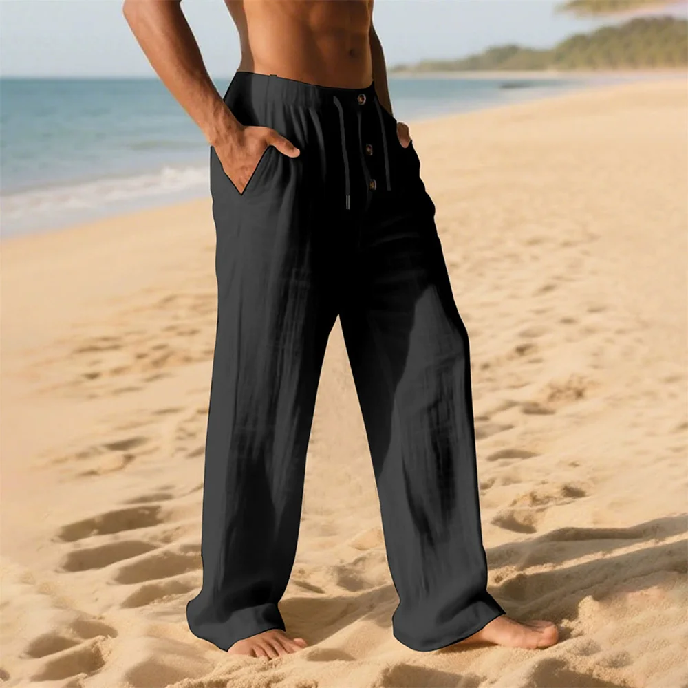 

Men's Cotton Trousers Breathable Lightweight Beach Style Hawaii Baggy Long Pants Solid Color Spring Summer Elastic Waist Pants