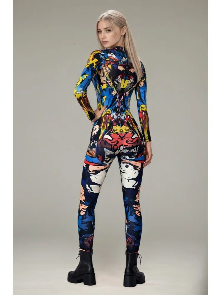 Bunter Kunst-Graffiti-Skelett-Schädel-Bodysuit Halloween Enger Roboter-Cosplay-Jumpsuit Rave-Festival-Club-Wear Catsuit-Kostüm – Detail 14