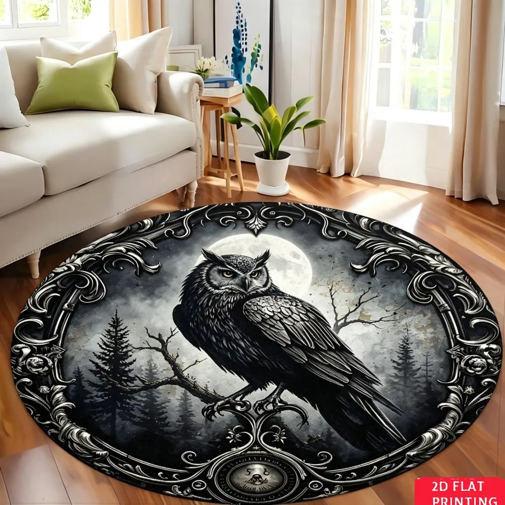 Gothic Bat And Castle Scene Round Printed Carpet Halloween Living Room Bedroom Home Decor Non Slip Floor Mat Area Rug