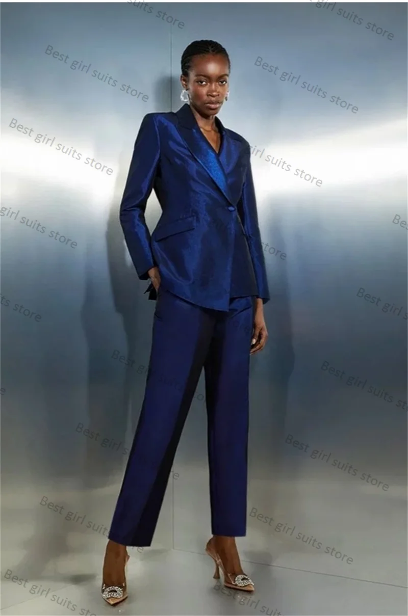 Royal Blue Satin 2 Pieces Women Suit Pants Set Blazer+Straight Trousers Formal Office Coat Customized Wedding Prom Dress Jacket