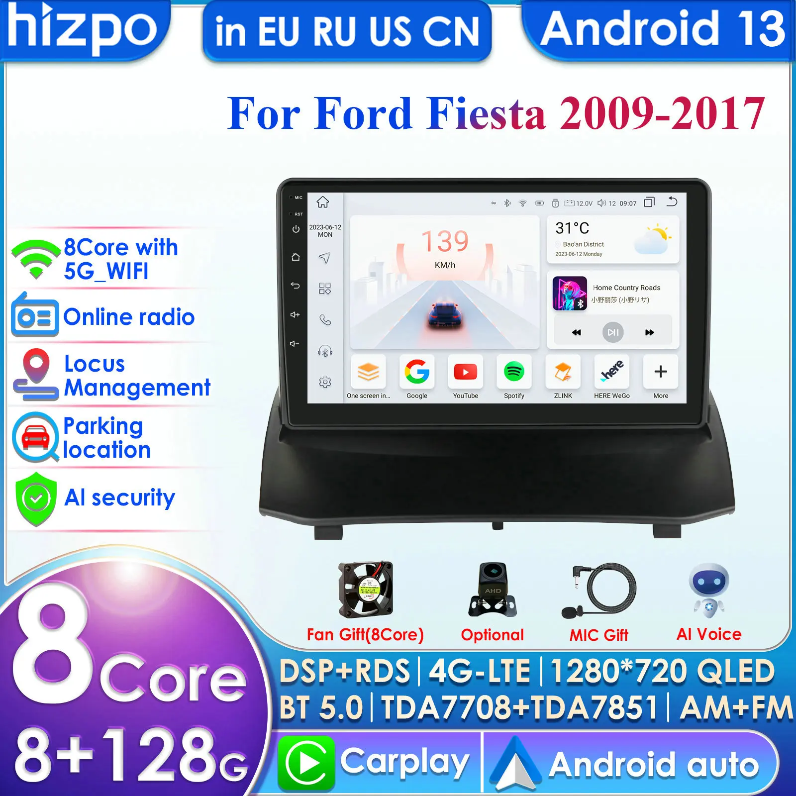 

Hizpo 9 Inch Carplay 4G 2Din Android 13 Car Radio for 2009-2013 Ford Fiesta 2014-2017 Factory SYNC Multimedia Video GPS DSP WIFI