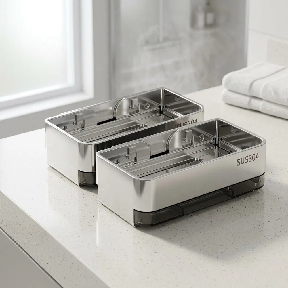 304 Grade Stainless Steel Soap Dish - Wall Mounted No Drill Installation - Drainage - 14 x 9 x 5 cm Dimensions