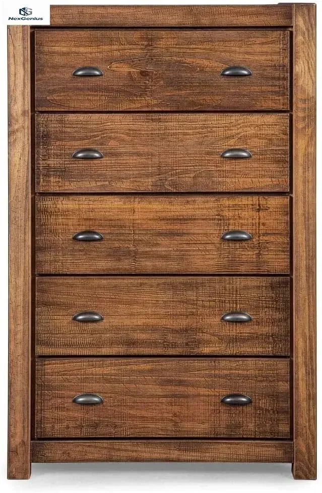 Solid Wood Rustic Walnut Finish Five Drawer Dresser