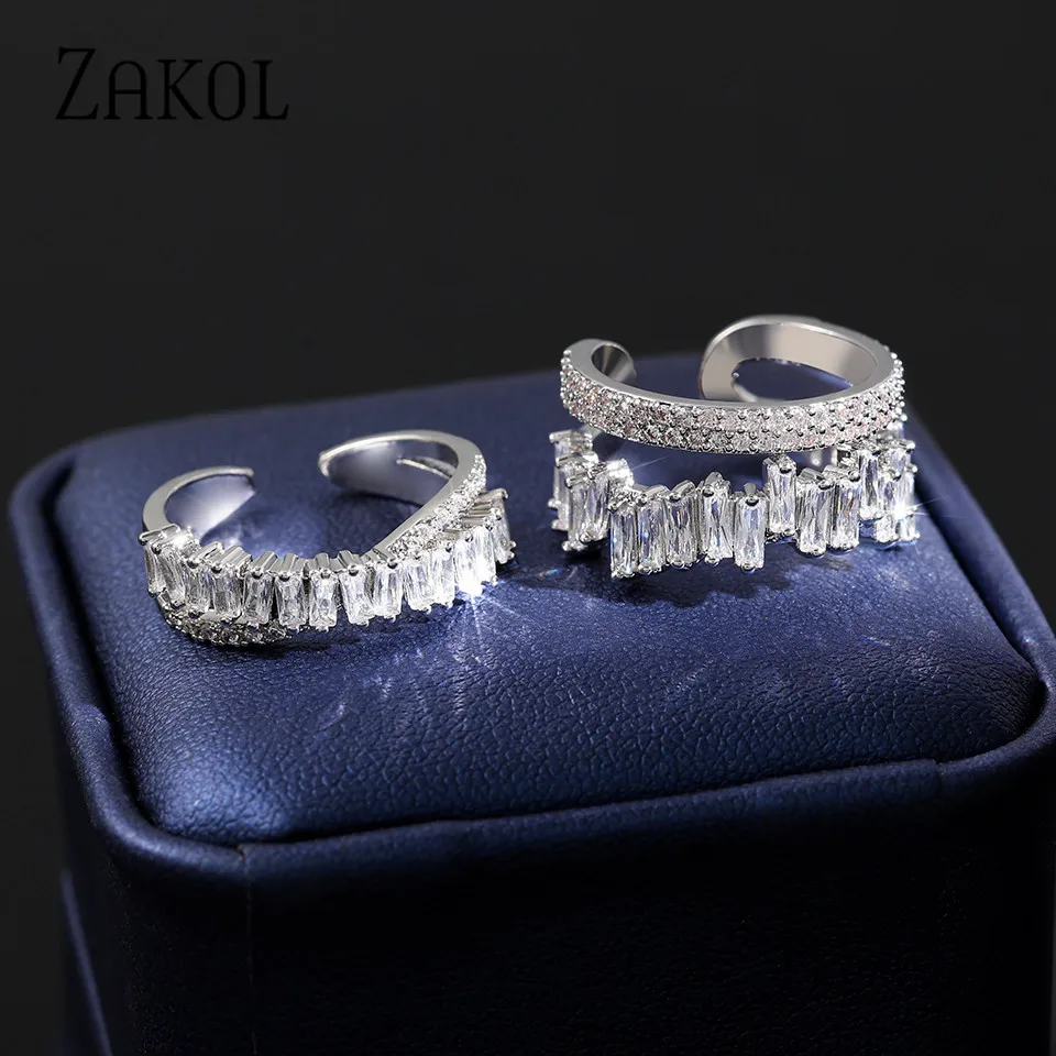 ZAKOL Trendy Stackable Open Rings Cubic Zircon Crystal Adjustable Ring for Women Elegant Wedding Party Jewelry RP2145