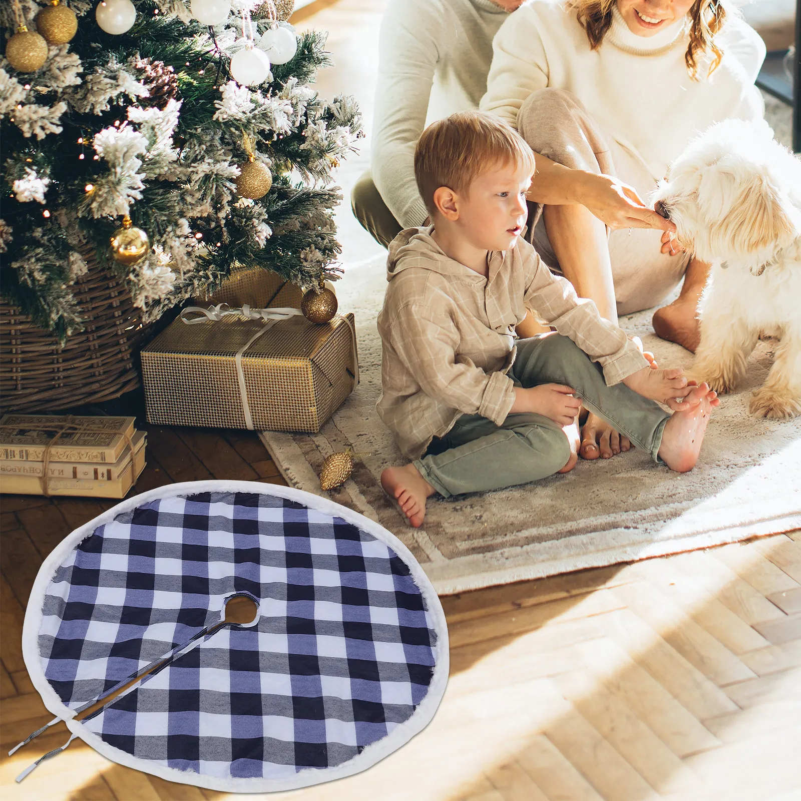 Blue White Plaid Christmas Tree Skirt – Vintage Rustic Double-Layer Holiday Decoration Mat, Easy Install