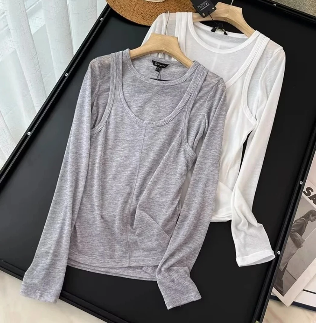 

New Women's Clothing Simple and Slim Design Double Layer Long Sleeve Knitted Shirt T-shirt Bottom Top