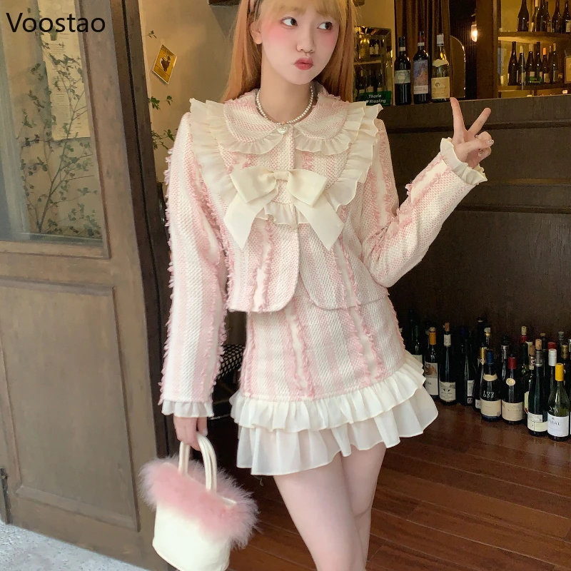 Elegant 2 Piece Set Women Patchwork Bow Pink Coats Short A-line Skirts Female Vintage Casual Sweet Mini Skirt Suit Autumn Winter